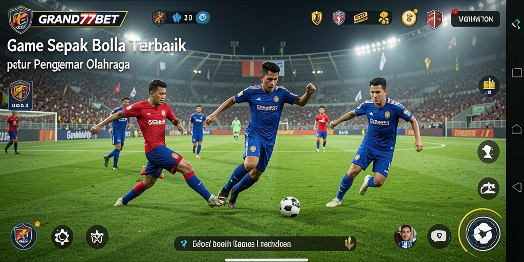 Tampilan layar utama GRAND77BET dengan aksi sepak bola yang intens.