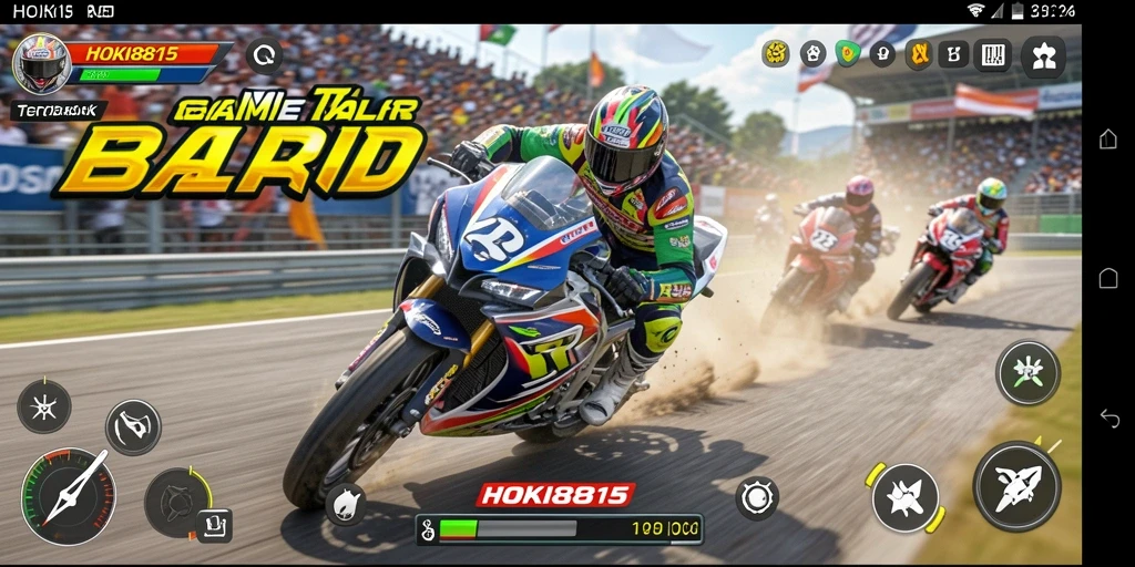 Screenshot gameplay HOKI8815 yang menampilkan aksi balap motor yang cepat.