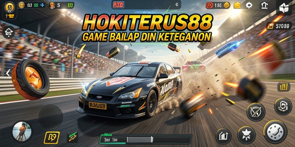 Tangkapan layar HOKITERUS88 menampilkan balapan seru dengan mobil kencang dan lintasan menantang.