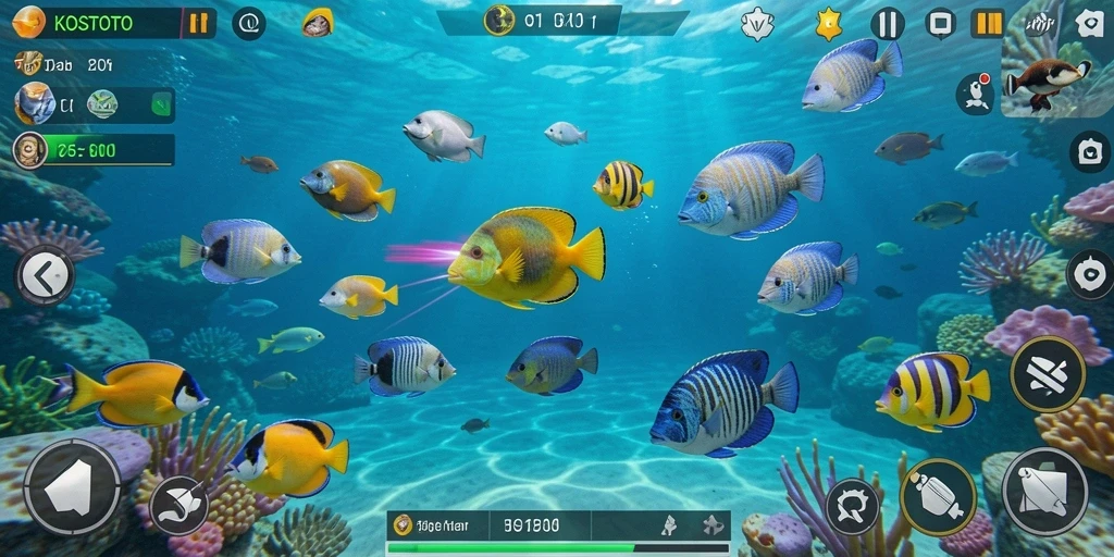 Tampilan gameplay KOSTOTO saat menembak ikan dengan efek menakjubkan.