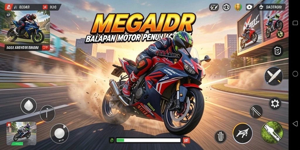 Screenshot gameplay MEGAIDR dengan balapan motor seru.