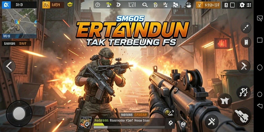 Tangkapan layar SM605 menunjukkan aksi intens game FPS yang mendebarkan.