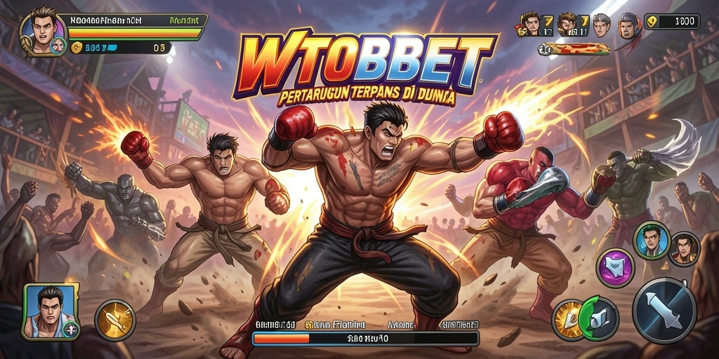 Tangkapan layar menunjukkan pertarungan mendebarkan di WTOBET dengan karakter yang beraksi.